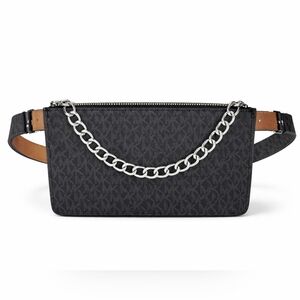 Michael Kors Black MK Logo Fanny Pack Belt Bag Chain Accent Zip Waist Crossbody.